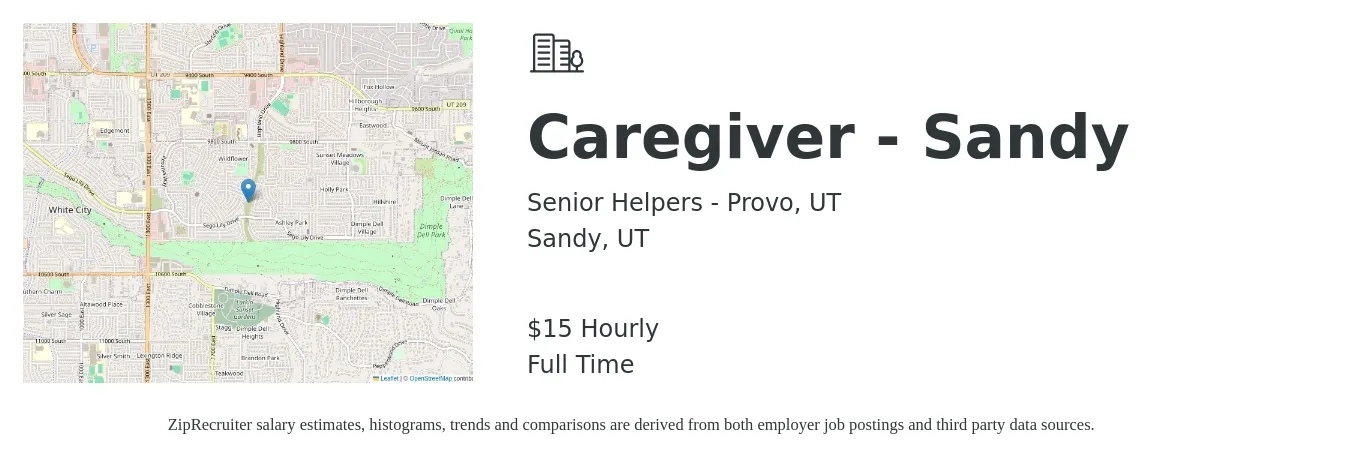 Senior Helpers - Provo, UT job posting for a Caregiver - Sandy in Sandy, UT with a salary of $16 Hourly with a map of Sandy location.