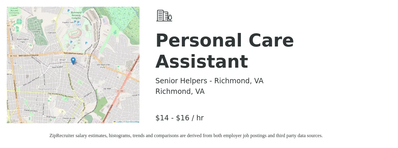 Senior Helpers - Richmond, VA job posting for a Personal Care Assistant in Richmond, VA with a salary of $15 to $17 Hourly with a map of Richmond location.