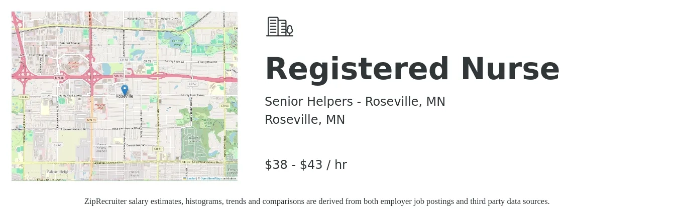 Senior Helpers - Roseville, MN job posting for a Registered Nurse in Roseville, MN with a salary of $40 to $45 Hourly with a map of Roseville location.