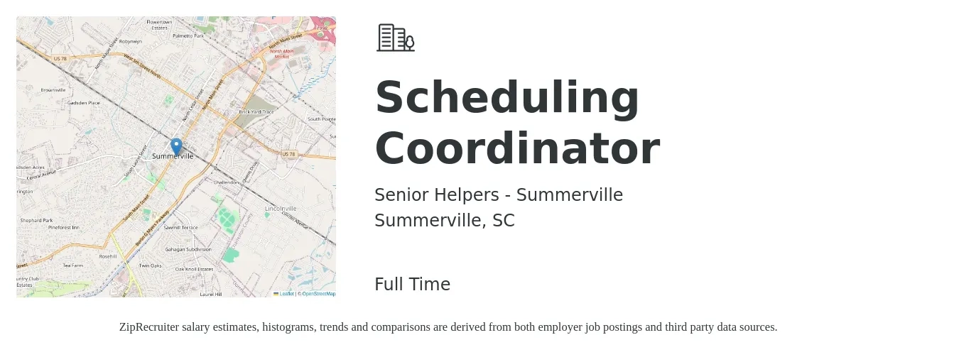 Senior Helpers - Summerville job posting for a Scheduling Coordinator in Summerville, SC with a salary of $16 to $20 Hourly with a map of Summerville location.