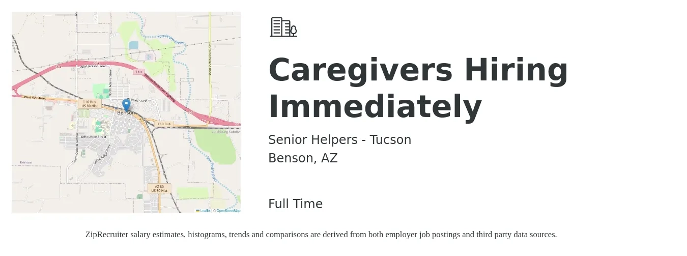 Senior Helpers - Tucson job posting for a Caregivers Hiring Immediately in Benson, AZ with a salary of $14 to $17 Hourly with a map of Benson location.