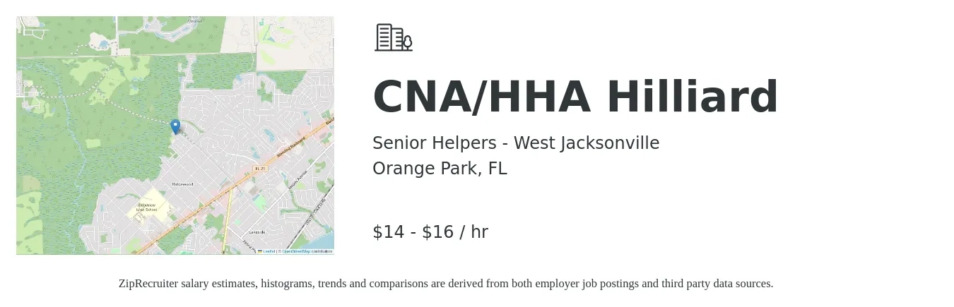 Senior Helpers - West Jacksonville job posting for a CNA/HHA Hilliard in Orange Park, FL with a salary of $15 to $17 Hourly with a map of Orange Park location.