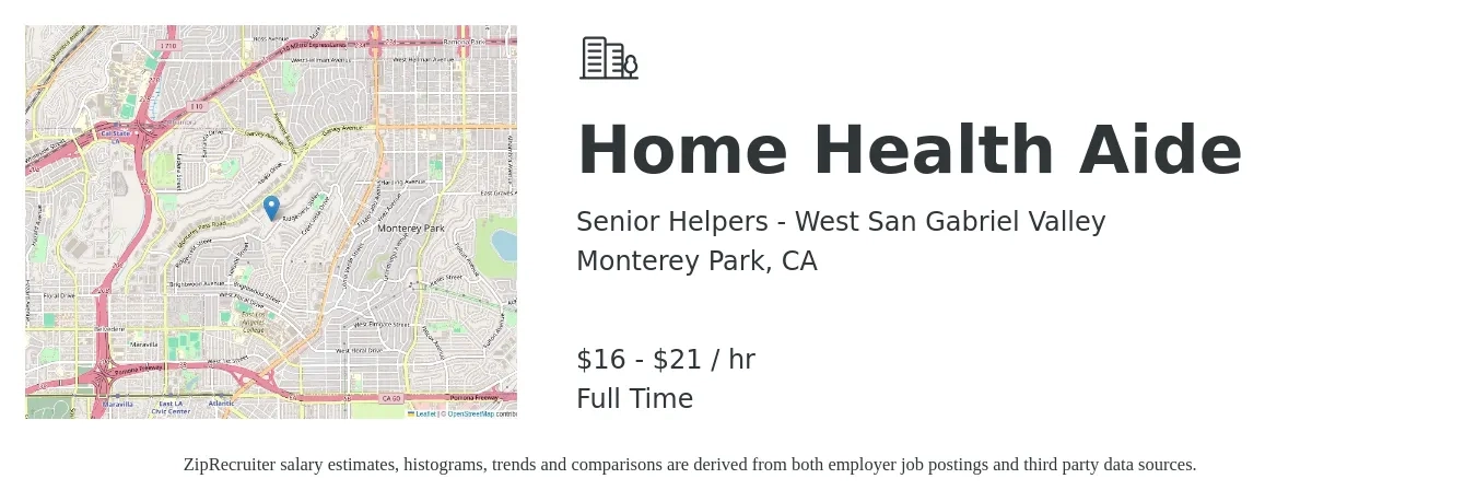 Senior Helpers - West San Gabriel Valley job posting for a Home Health Aide in Monterey Park, CA with a salary of $17 to $22 Hourly with a map of Monterey Park location.