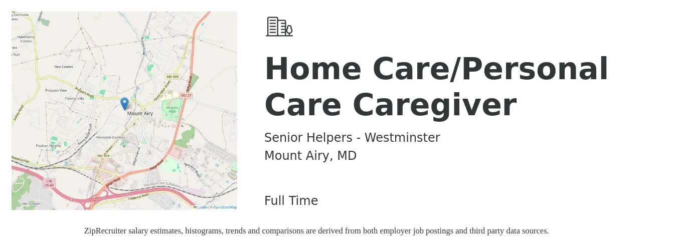 Senior Helpers - Westminster job posting for a Home Care/Personal Care Caregiver in Mount Airy, MD with a salary of $14 to $17 Hourly with a map of Mount Airy location.