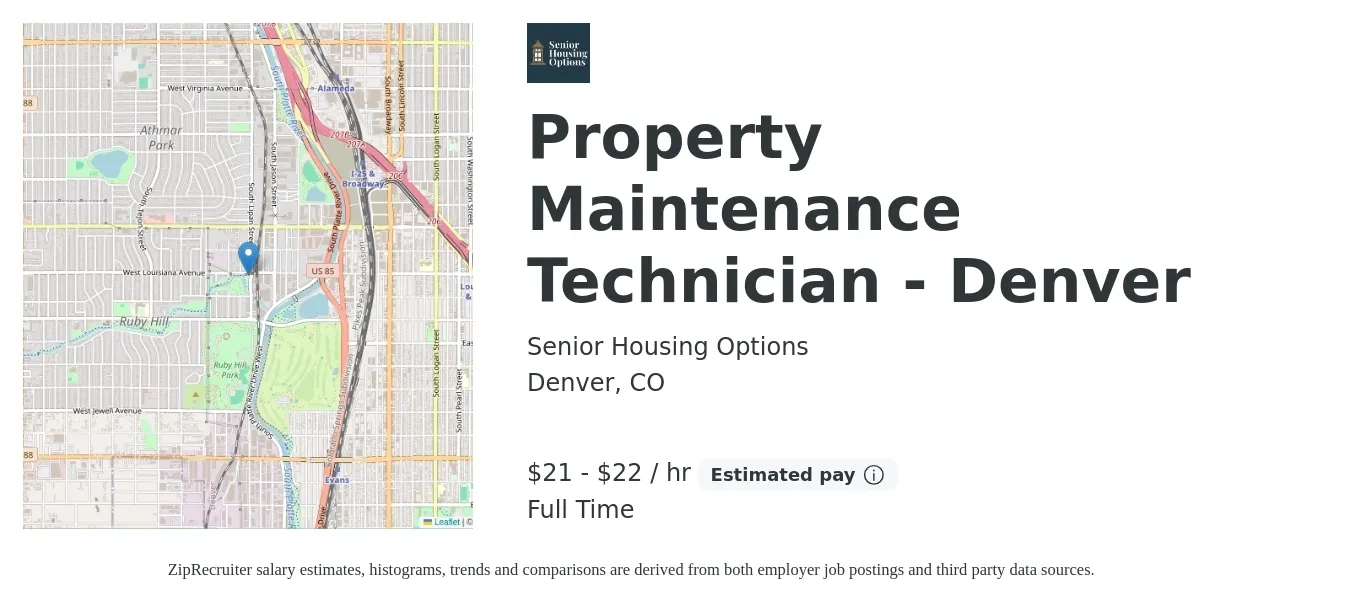 Senior Housing Options job posting for a Property Maintenance Technician - Denver in Denver, CO with a salary of $22 to $23 Hourly with a map of Denver location.