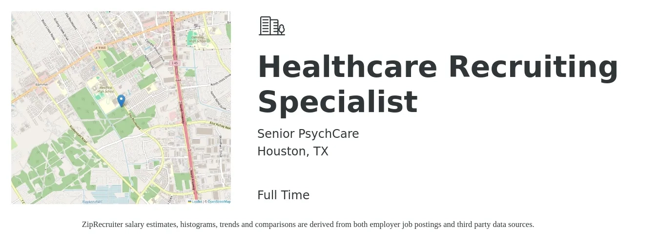 Senior PsychCare job posting for a Healthcare Recruiting Specialist in Houston, TX with a salary of $18 to $27 Hourly with a map of Houston location.