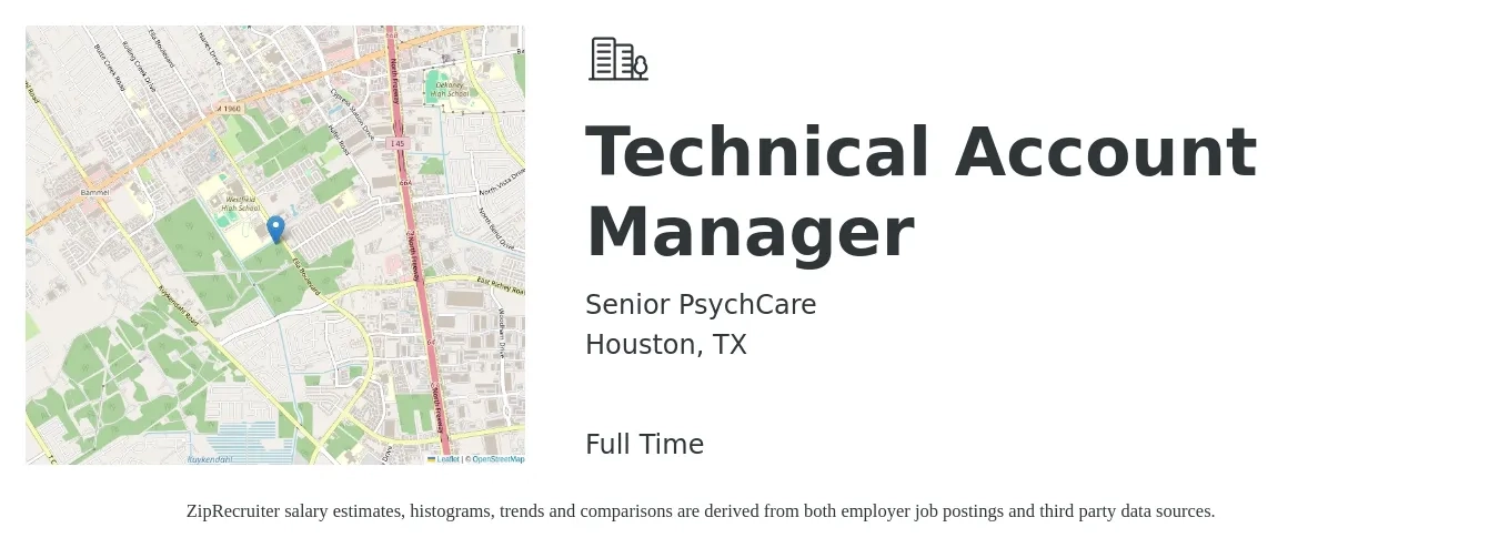 Senior PsychCare job posting for a Technical Account Manager in Houston, TX with a salary of $57,200 to $92,800 Yearly with a map of Houston location.