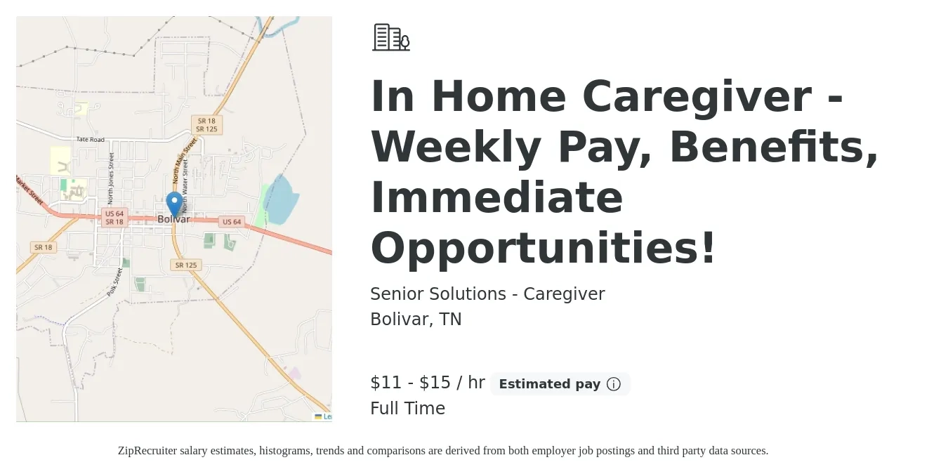 Senior Solutions - Caregiver job posting for a In Home Caregiver - Weekly Pay, Benefits, Immediate Opportunities! in Bolivar, TN with a salary of $12 to $16 Hourly with a map of Bolivar location.