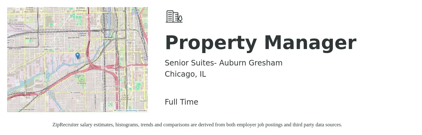 Senior Suites- Auburn Gresham job posting for a Property Manager in Chicago, IL with a salary of $43,500 to $67,200 Yearly with a map of Chicago location.