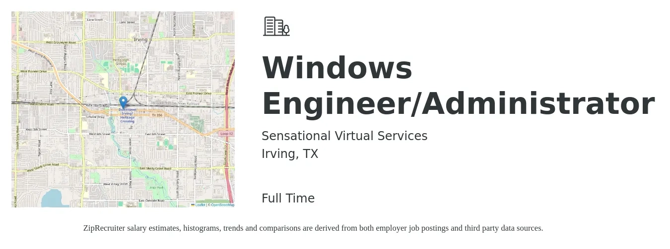 Sensational Virtual Services job posting for a Windows Engineer/Administrator in Irving, TX with a salary of $40 to $62 Hourly with a map of Irving location.
