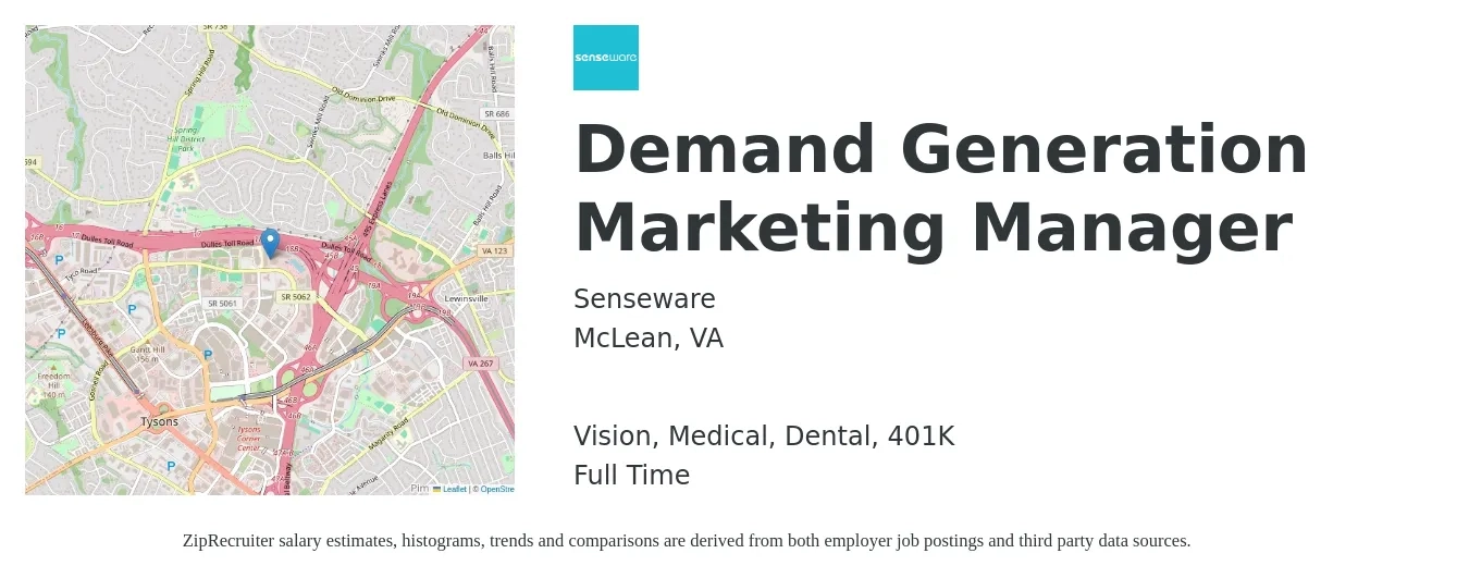 Senseware job posting for a Demand Generation Marketing Manager in McLean, VA with a salary of $60,700 to $99,100 Yearly and benefits including medical, vision, 401k, and dental with a map of McLean location.