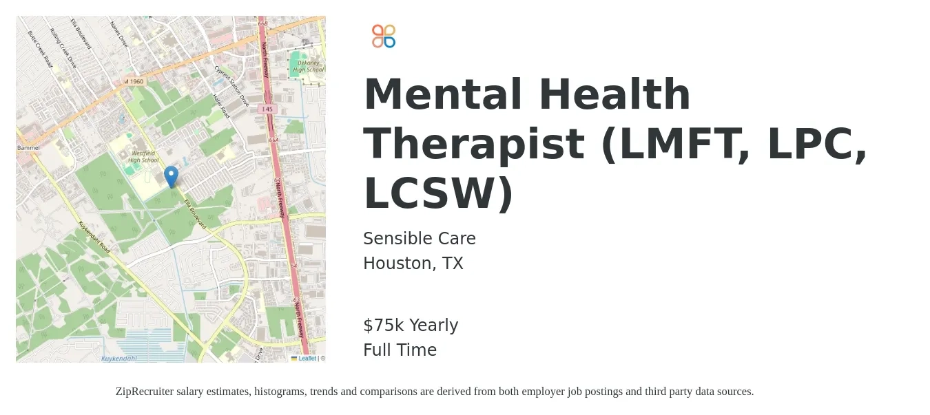 Sensible Care job posting for a Mental Health Therapist (LMFT, LPC, LCSW) in Houston, TX with a salary of $75,000 Yearly with a map of Houston location.
