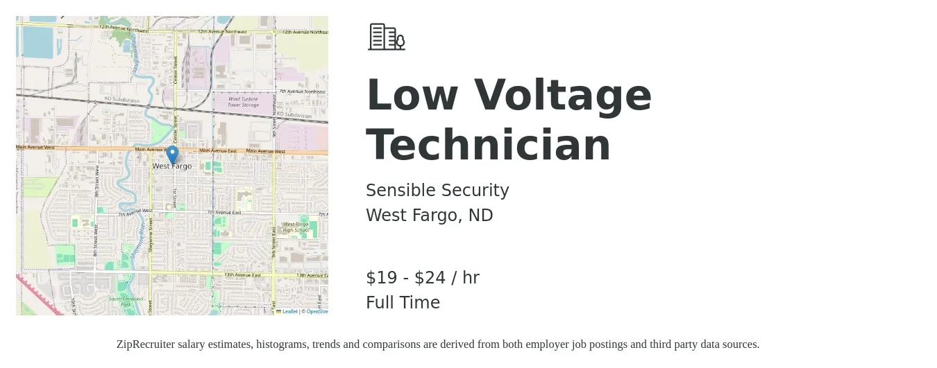 Sensible Security job posting for a Low Voltage Technician in West Fargo, ND with a salary of $20 to $25 Hourly with a map of West Fargo location.