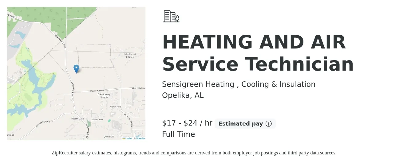 Sensigreen Heating , Cooling & Insulation job posting for a HEATING AND AIR Service Technician in Opelika, AL with a salary of $18 to $25 Hourly with a map of Opelika location.
