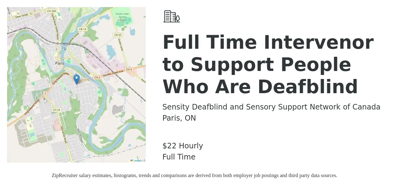 Sensity Deafblind and Sensory Support Network of Canada job posting for a Full Time Intervenor to Support People Who Are Deafblind in Paris, ON with a salary of $23 Hourly with a map of Paris location.