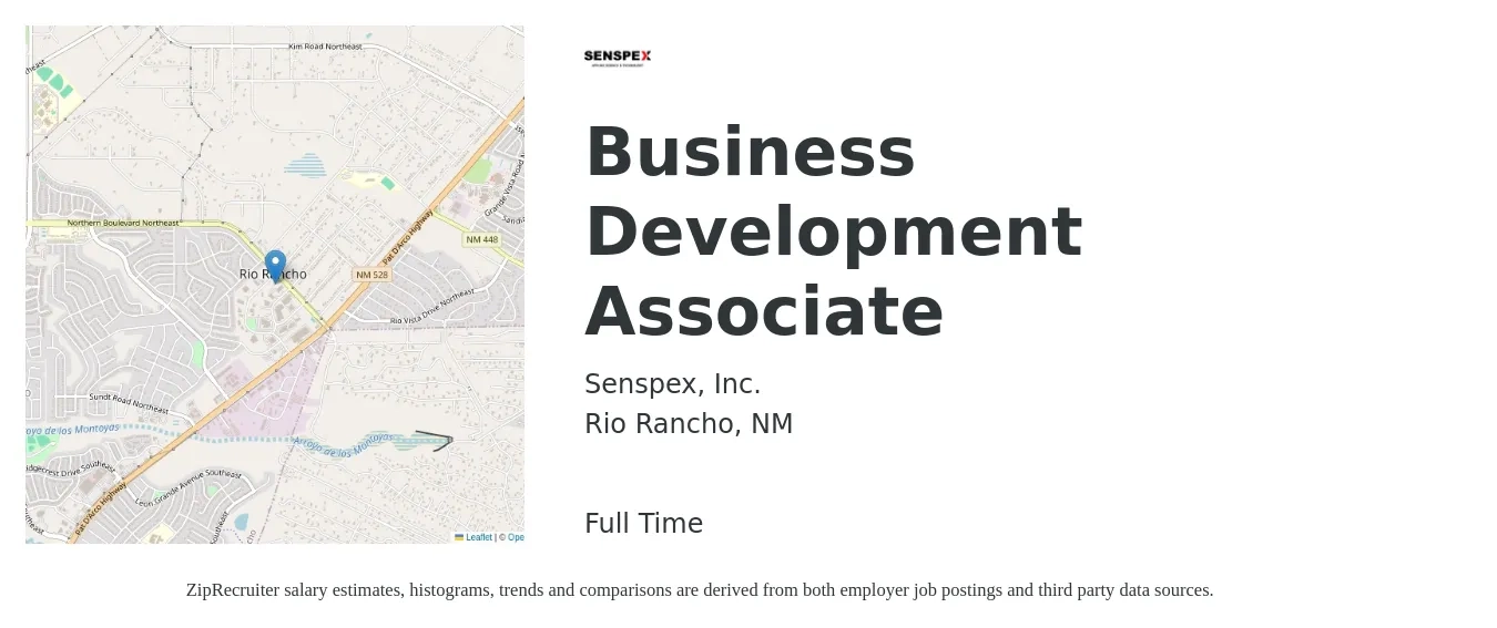 Senspex, Inc. job posting for a Business Development Associate in Rio Rancho, NM with a salary of $40,100 to $55,000 Yearly with a map of Rio Rancho location.