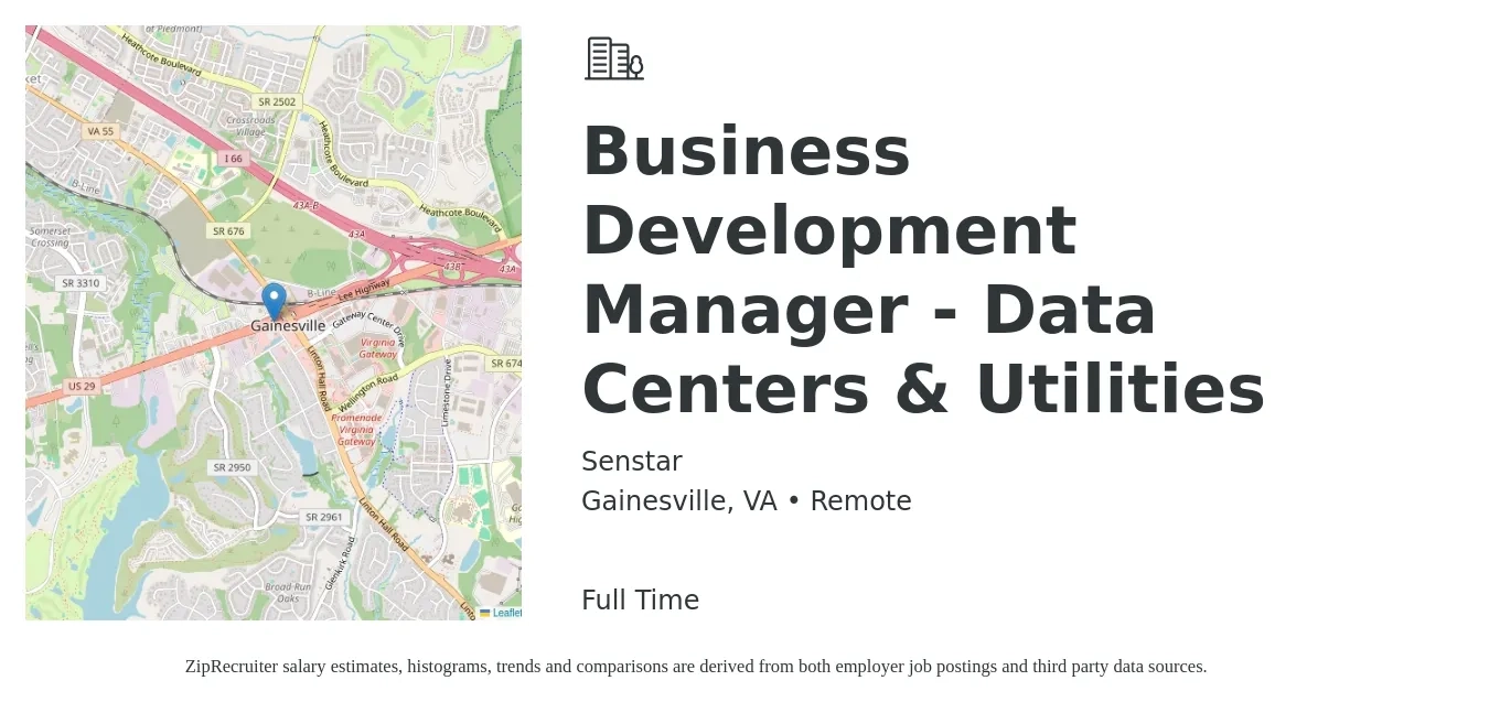 Senstar job posting for a Business Development Manager - Data Centers & Utilities in Gainesville, VA with a salary of $60,200 to $98,700 Yearly with a map of Gainesville location.
