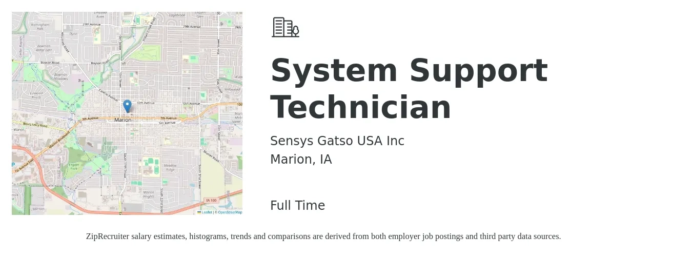Sensys Gatso USA Inc job posting for a System Support Technician in Marion, IA with a salary of $20 to $30 Hourly with a map of Marion location.