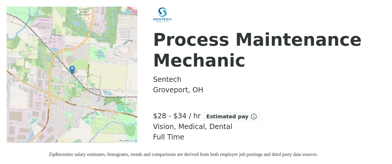 Sentech job posting for a Process Maintenance Mechanic in Groveport, OH with a salary of $30 to $36 Hourly and benefits including dental, medical, and vision with a map of Groveport location.