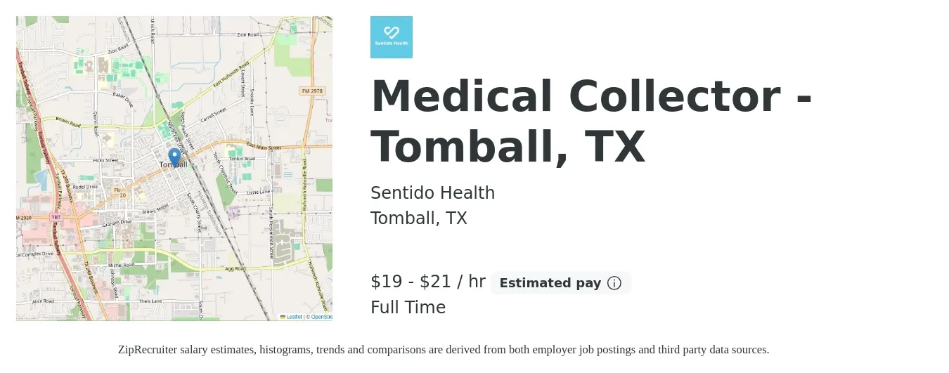 Sentido Health job posting for a Medical Collector - Tomball, TX in Tomball, TX with a salary of $20 to $22 Hourly with a map of Tomball location.