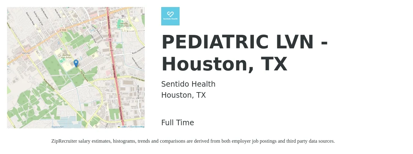 Sentido Health job posting for a PEDIATRIC LVN - Houston, TX in Houston, TX with a salary of $26 to $35 Hourly with a map of Houston location.