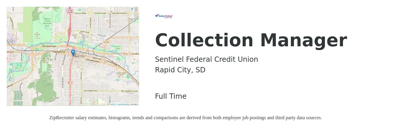 Sentinel Federal Credit Union job posting for a Collection Manager in Rapid City, SD with a salary of $40,000 to $64,700 Yearly with a map of Rapid City location.