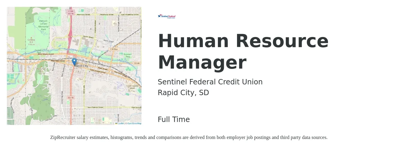 Sentinel Federal Credit Union job posting for a Human Resource Manager in Rapid City, SD with a salary of $68,100 to $98,700 Yearly with a map of Rapid City location.