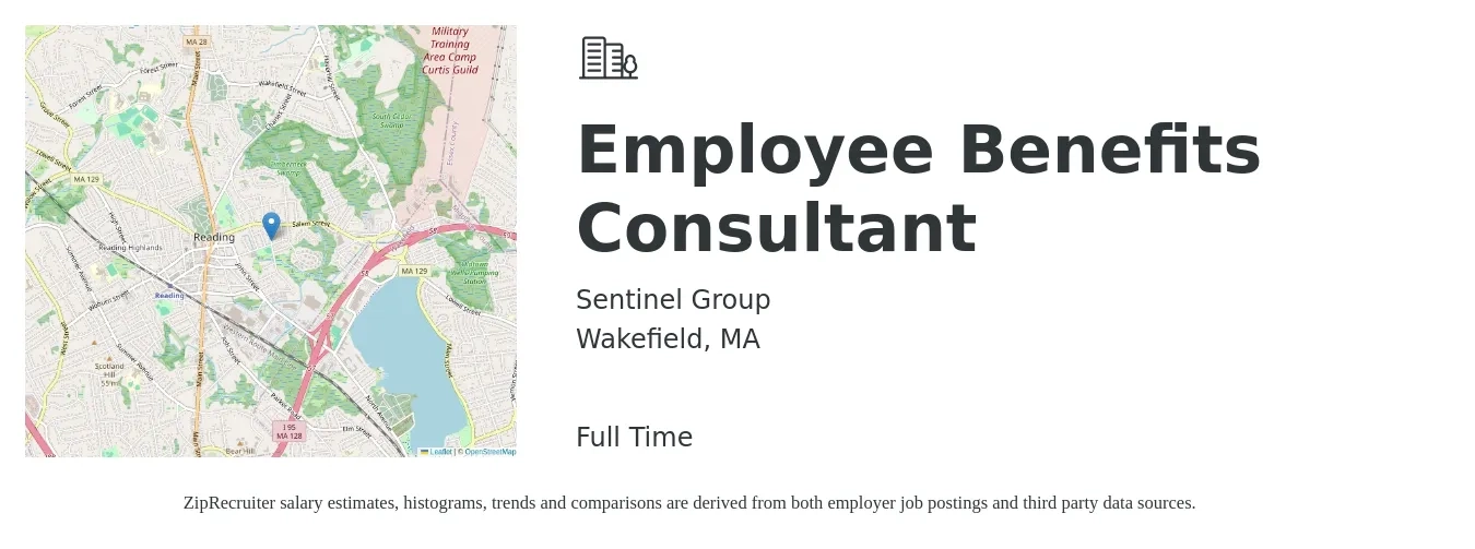Sentinel Group job posting for a Employee Benefits Consultant in Wakefield, MA with a salary of $42,700 to $85,900 Yearly with a map of Wakefield location.