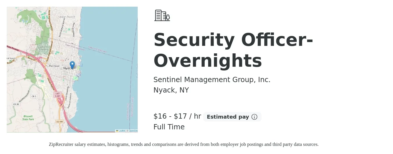 Sentinel Management Group, Inc. job posting for a Security Officer- Overnights in Nyack, NY with a salary of $17 to $18 Hourly and benefits including retirement with a map of Nyack location.