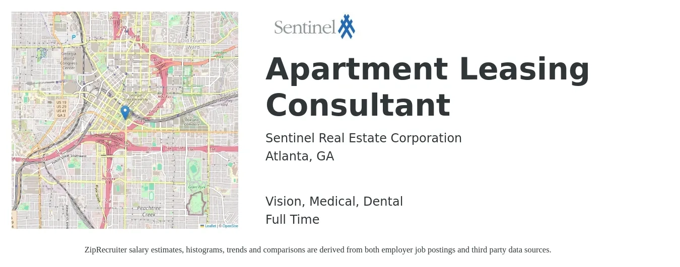 Sentinel Real Estate Corporation job posting for a Apartment Leasing Consultant in Atlanta, GA with a salary of $16 to $20 Hourly and benefits including retirement, vision, dental, life_insurance, and medical with a map of Atlanta location.