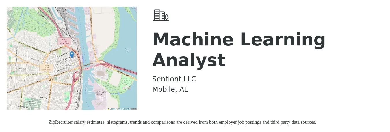 Sentiont LLC job posting for a Machine Learning Analyst in Mobile, AL with a salary of $80,000 to $120,000 Yearly and benefits including retirement, vision, dental, medical, and pto with a map of Mobile location.