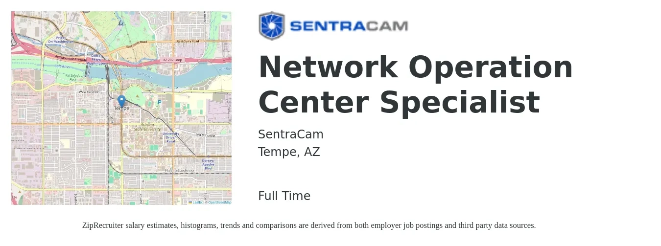 SentraCam job posting for a Network Operation Center Specialist in Tempe, AZ with a salary of $52,900 to $80,600 Yearly with a map of Tempe location.