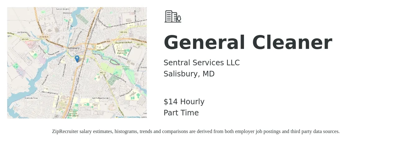 Sentral Services LLC job posting for a General Cleaner in Salisbury, MD with a salary of $14 Hourly with a map of Salisbury location.