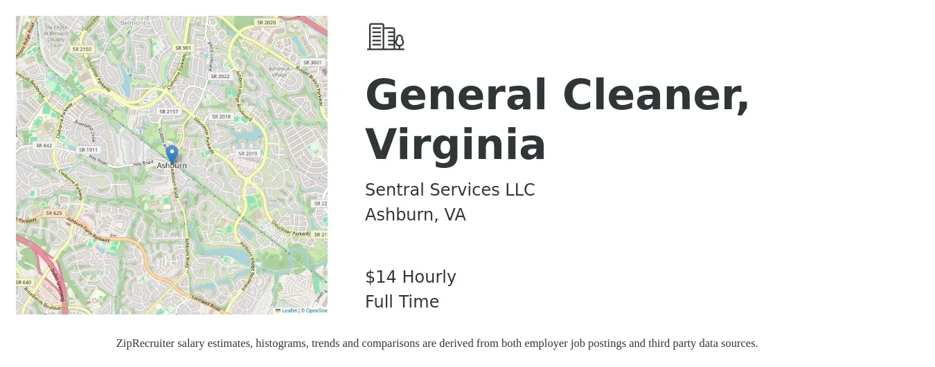 Sentral Services LLC job posting for a General Cleaner, Virginia in Ashburn, VA with a salary of $15 Hourly with a map of Ashburn location.