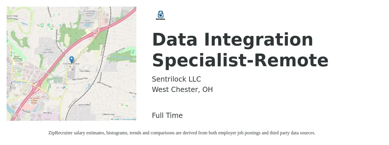 Sentrilock LLC job posting for a Data Integration Specialist-Remote in West Chester, OH with a salary of $57,500 to $86,800 Yearly with a map of West Chester location.