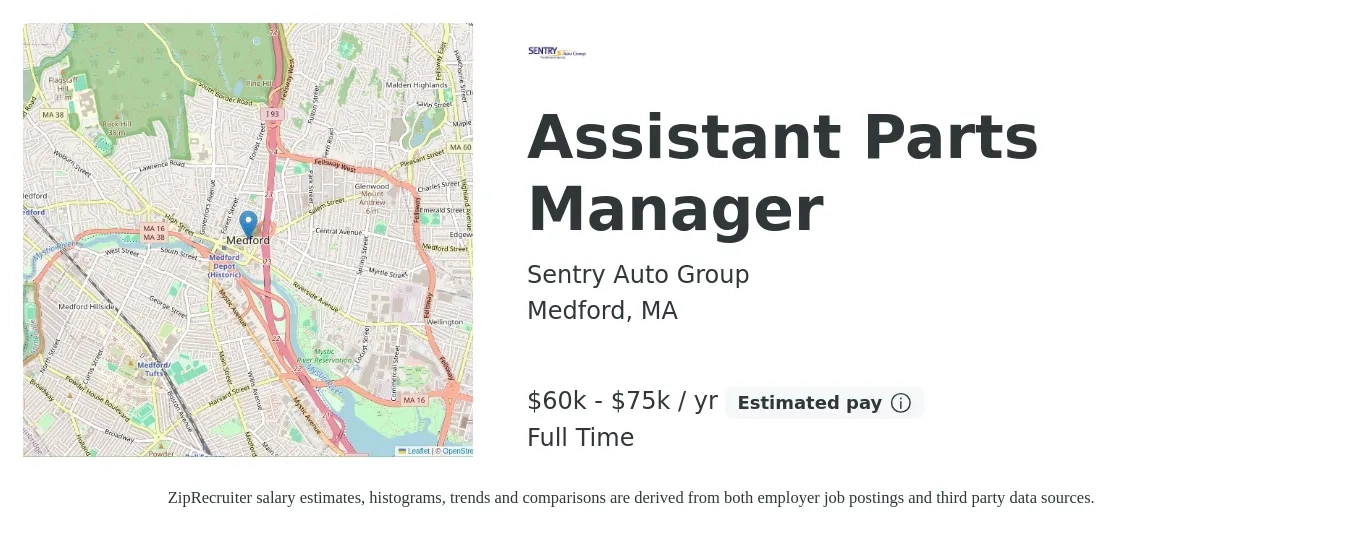 Sentry Auto Group job posting for a Assistant Parts Manager in Medford, MA with a salary of $60,000 to $75,000 Yearly with a map of Medford location.