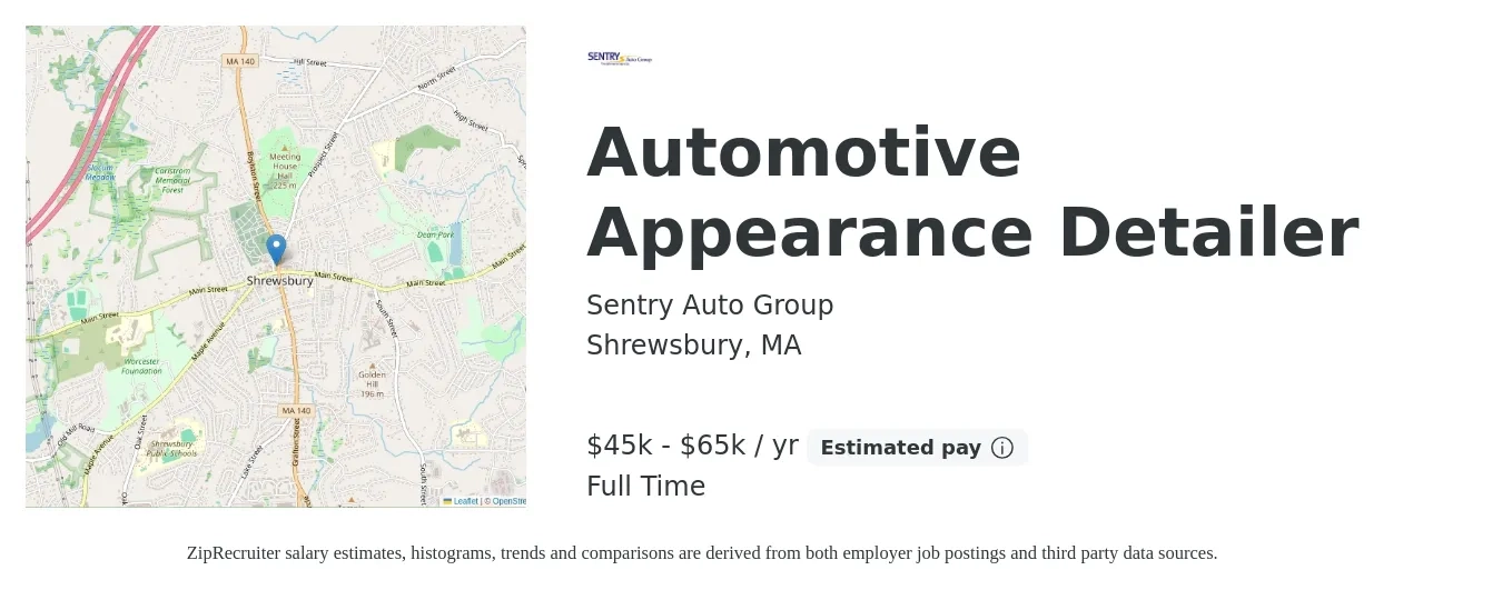Sentry Auto Group job posting for a Automotive Appearance Detailer in Shrewsbury, MA with a salary of $45,000 to $65,000 Yearly with a map of Shrewsbury location.
