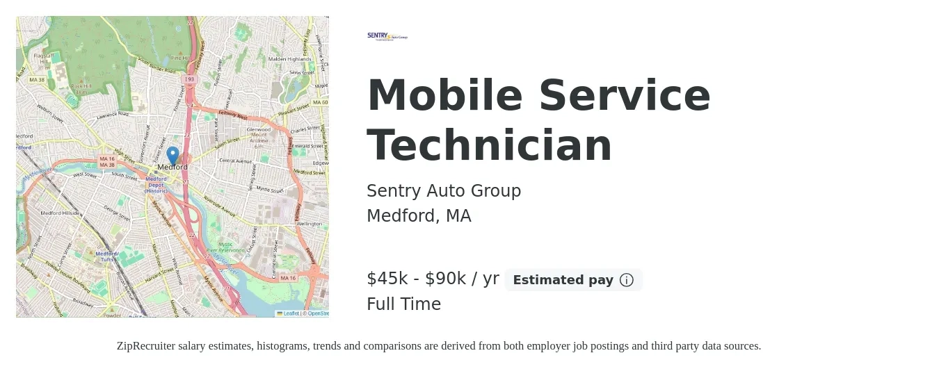 Sentry Auto Group job posting for a Mobile Service Technician in Medford, MA with a salary of $45,000 to $90,000 Yearly with a map of Medford location.
