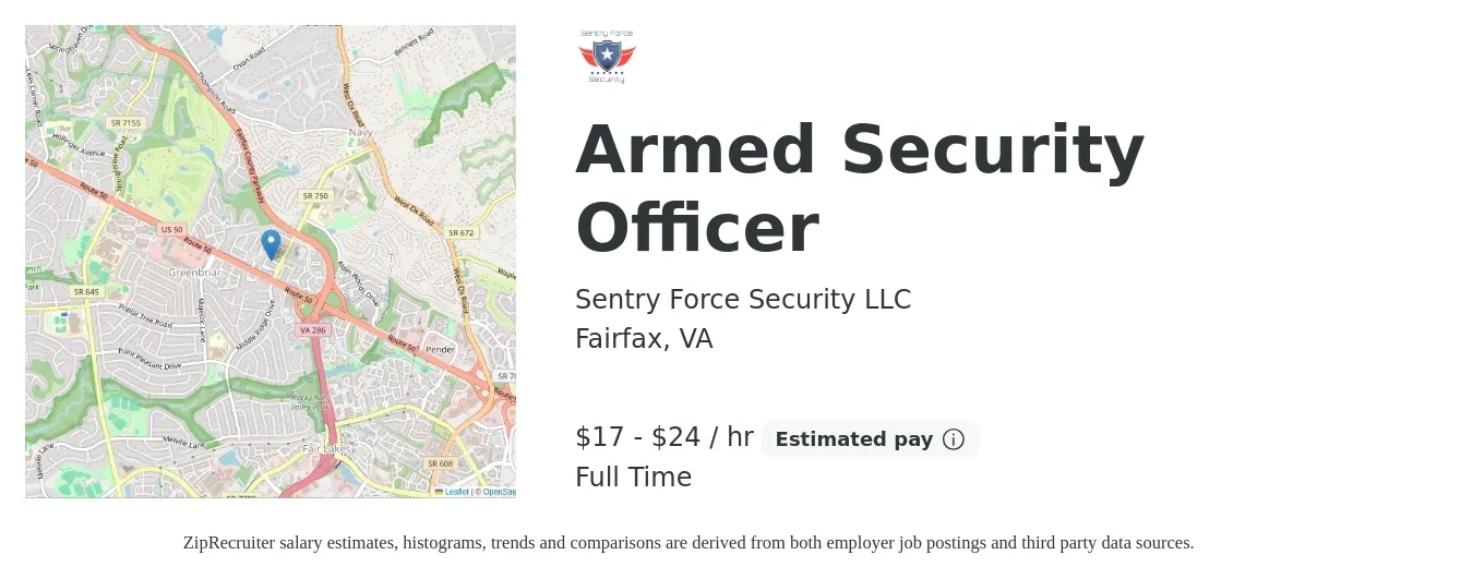 Sentry Force Security LLC job posting for a Armed Security Officer in Fairfax, VA with a salary of $18 to $25 Hourly with a map of Fairfax location.