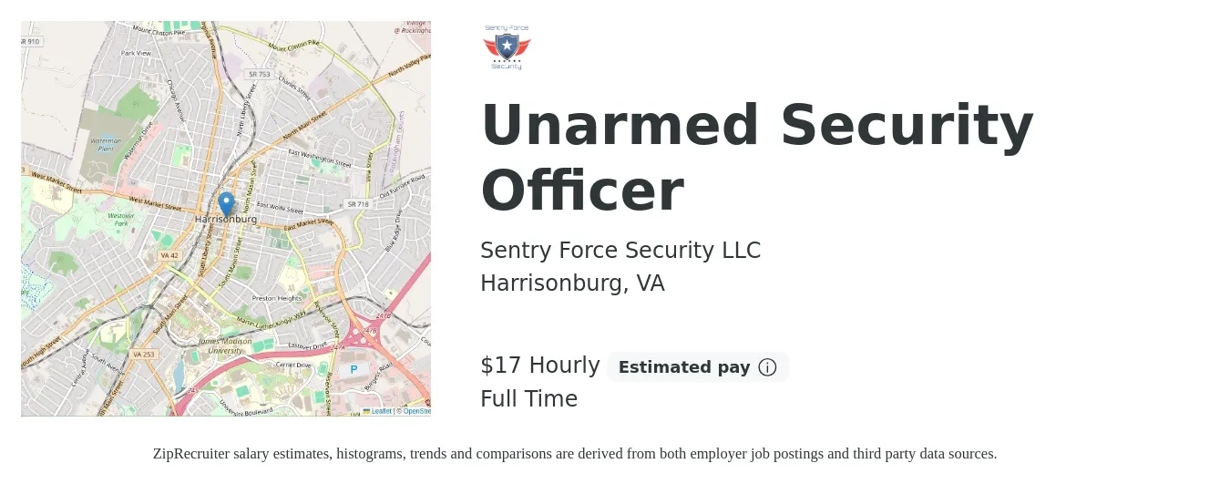 Sentry Force Security LLC job posting for a Unarmed Security Officer in Harrisonburg, VA with a salary of $18 Hourly with a map of Harrisonburg location.