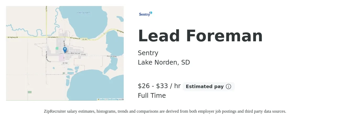Sentry job posting for a Lead Foreman in Lake Norden, SD with a salary of $28 to $35 Hourly with a map of Lake Norden location.