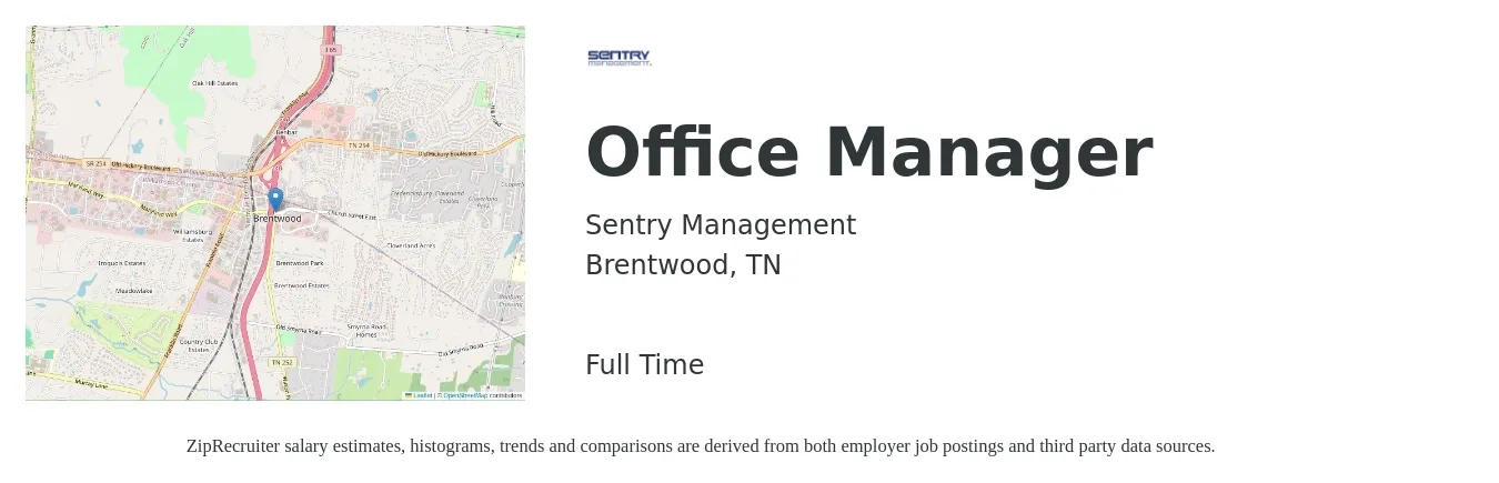 Sentry Management job posting for a Office Manager in Brentwood, TN with a salary of $37,800 to $55,800 Yearly with a map of Brentwood location.