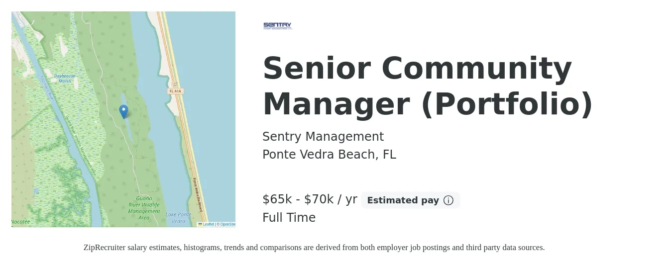 Sentry Management job posting for a Senior Community Manager (Portfolio) in Ponte Vedra Beach, FL with a salary of $65,000 to $70,000 Yearly with a map of Ponte Vedra Beach location.