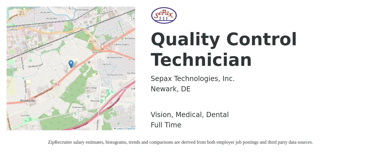 Sepax Technologies, Inc. job posting for a Quality Control Technician in Newark, DE with a salary of $18 to $24 Hourly and benefits including medical, pto, retirement, vision, and dental with a map of Newark location.