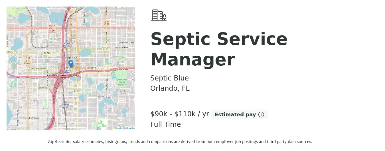 Septic Blue job posting for a Septic Service Manager in Orlando, FL with a salary of $90,000 to $110,000 Yearly with a map of Orlando location.