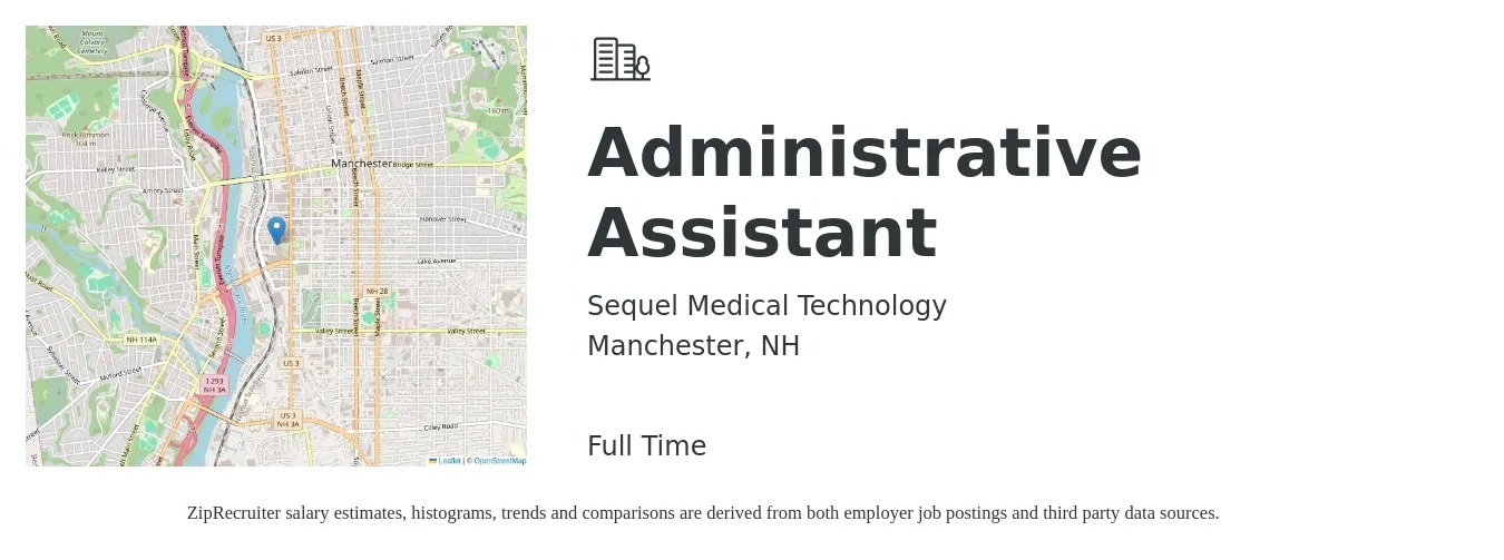 Sequel Medical Technology job posting for a Administrative Assistant in Manchester, NH with a salary of $18 to $24 Hourly with a map of Manchester location.