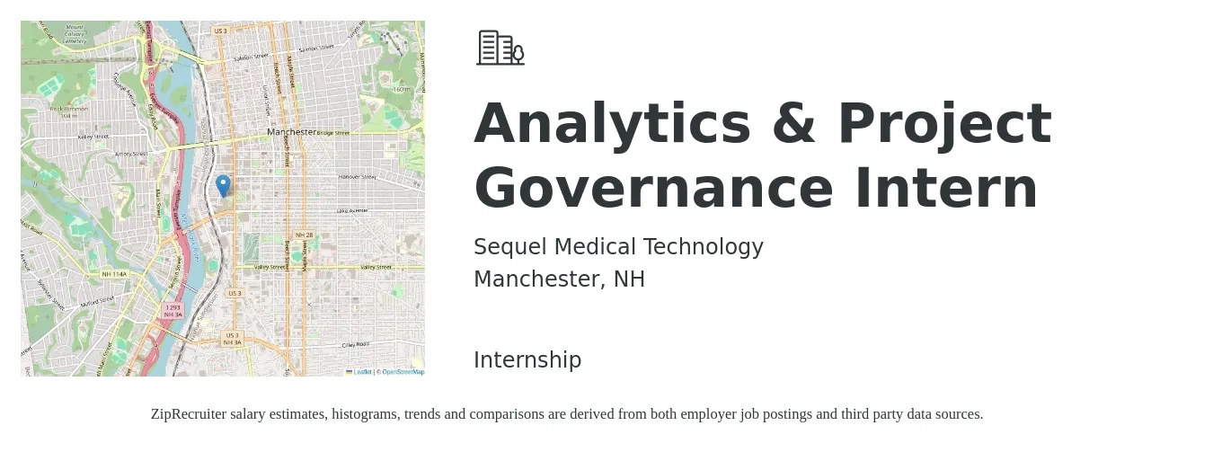 Sequel Medical Technology job posting for a Analytics & Project Governance Intern in Manchester, NH with a salary of $29,900 to $34,800 Yearly with a map of Manchester location.