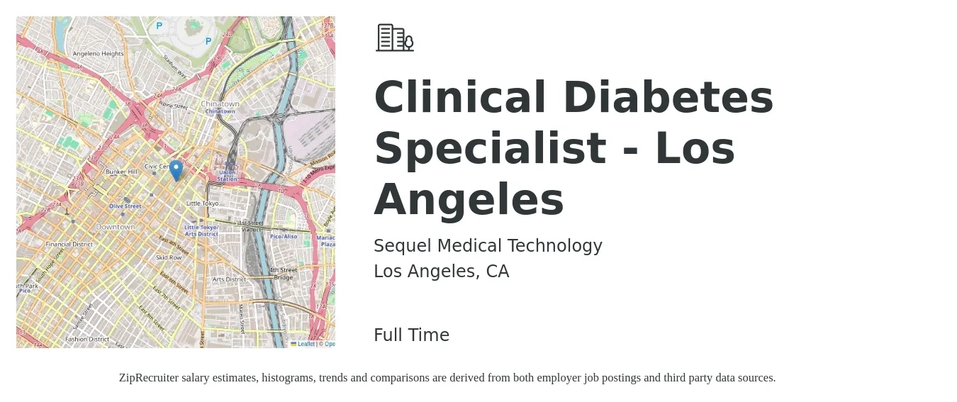 Sequel Medical Technology job posting for a Clinical Diabetes Specialist - Los Angeles in Los Angeles, CA with a salary of $48,500 to $89,400 Yearly with a map of Los Angeles location.