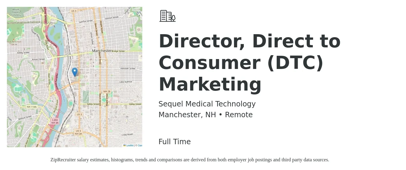 Sequel Medical Technology job posting for a Director, Direct to Consumer (DTC) Marketing in Manchester, NH with a salary of $102,100 to $144,900 Yearly with a map of Manchester location.