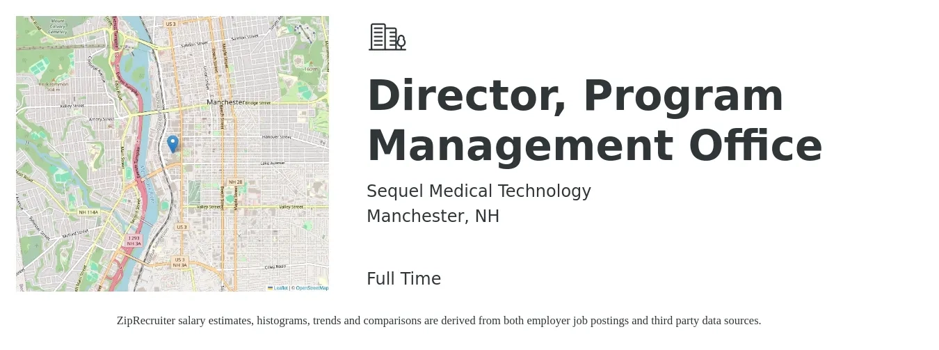 Sequel Medical Technology job posting for a Director, Program Management Office in Manchester, NH with a salary of $84,600 to $116,000 Yearly with a map of Manchester location.
